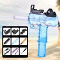 Blue transparent water gun with accessory kit for fun outdoor water play on sunny days.