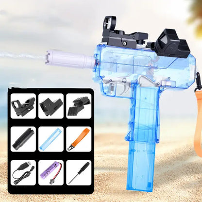 Blue transparent water gun with accessory kit for fun outdoor water play on sunny days.