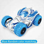 Blue and white off-road stunt car with bold design and large tires on a white background.
