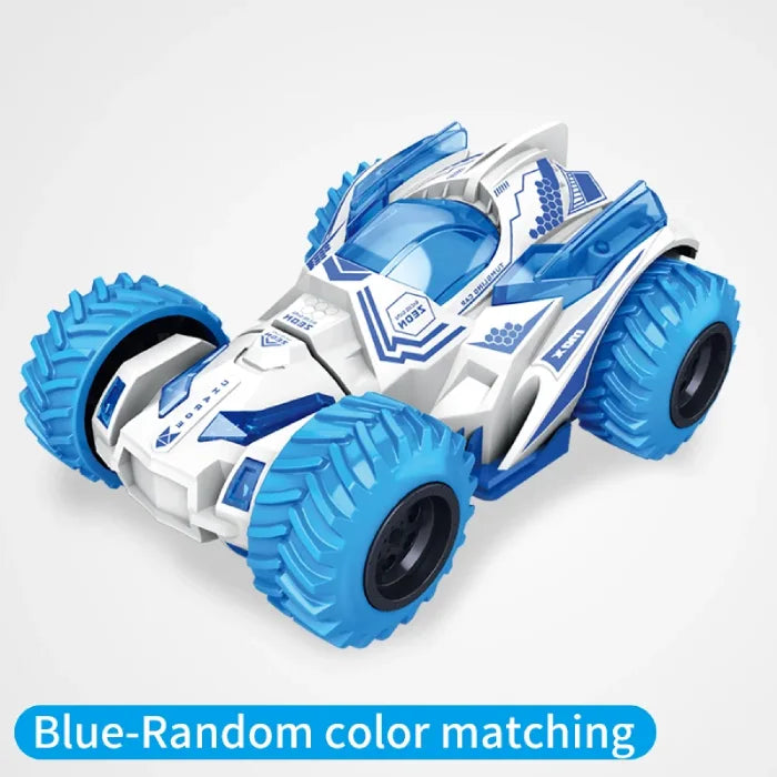 Blue and white off-road stunt car with bold design and large tires on a white background.