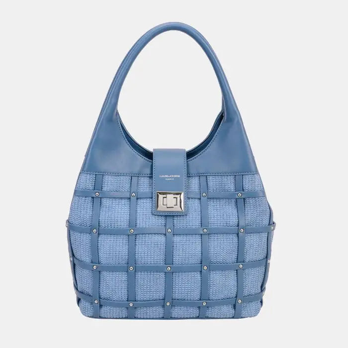 Stylish blue leather handbag with woven pattern, silver studs, and metal clasp closure. Elegant design for everyday use.