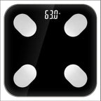 Black Bluetooth body fat scale with four silver sensors and digital LED weight display for smart health tracking