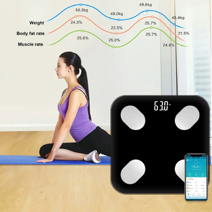 Bluetooth body fat scale next to woman exercising with app tracking weight, body fat rate and muscle rate trends over time
