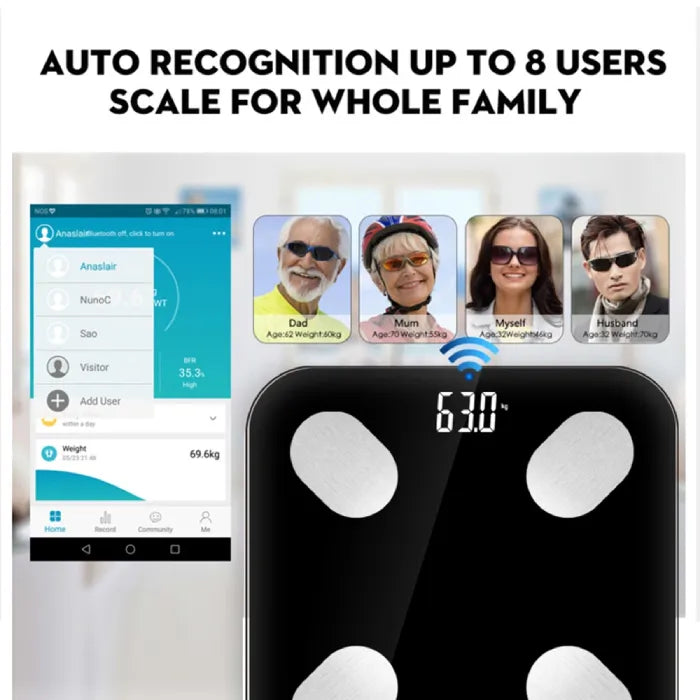 Bluetooth body fat scale with auto recognition for multiple users and smartphone app showing individual weight and body metrics