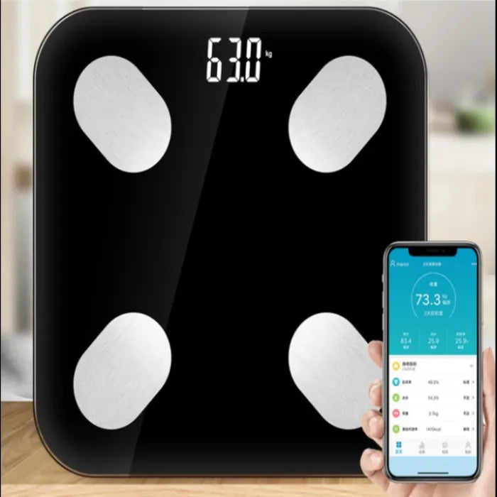 Bluetooth body fat scale with smartphone app displaying body metrics including BMI, body fat, muscle weight and full health report
