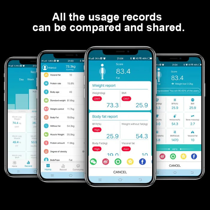 Bluetooth body fat scale app screens showing detailed progress records including body fat, weight, BMI and health score tracking