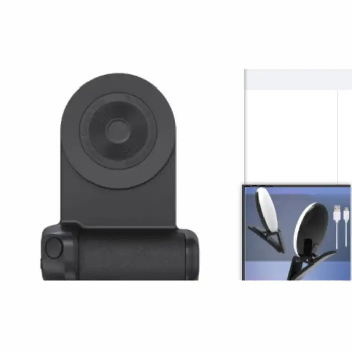 Multifunctional phone grip/stand with magnetic camera handle showing top view and USB port options