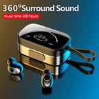 Bluetooth Earbuds with 360° surround sound feature and LED charging case promoting 100 hours of music.