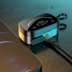 Bluetooth Earbuds case with closeup view of USB charging port connected to cable beside smartphone.