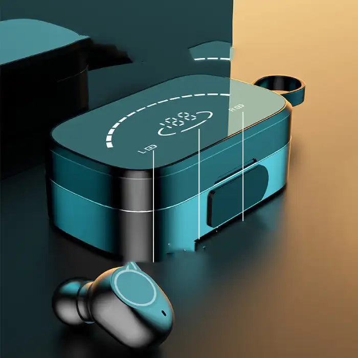 Bluetooth Earbuds with matte-silver finish next to glossy digital charging case on dark surface.