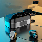 Bluetooth Earbuds with modern metallic design beside compact charging case on reflective blue surface.