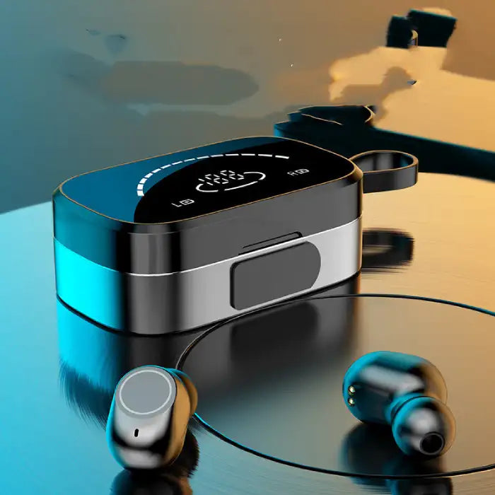 Bluetooth Earbuds with modern metallic design beside compact charging case on reflective blue surface.