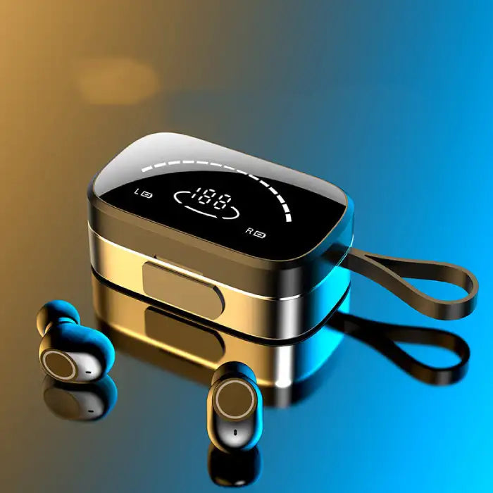 Bluetooth Earbuds with black-gold case featuring LED display and loop strap on reflective background.