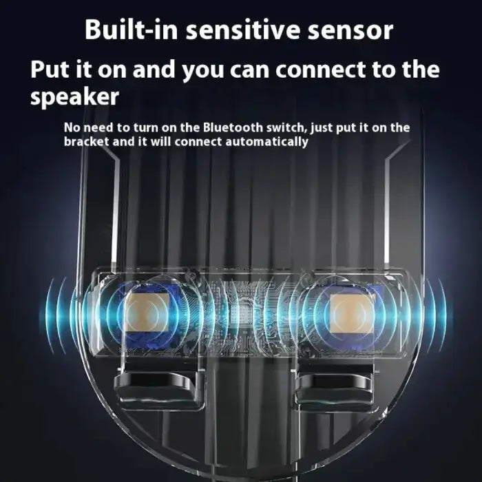 Technical diagram showing built-in sensitive sensor system for automatic Bluetooth speaker connection in phone holder