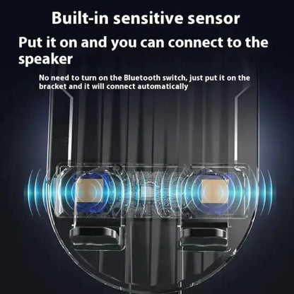 Technical diagram showing built-in sensitive sensor system for automatic Bluetooth speaker connection in phone holder