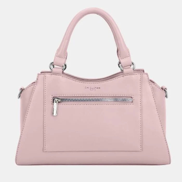 Soft blush pink leather satchel with top handles and zip detail