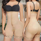 Body shaper faja front and back view highlights lace hem, adjustable straps, and body contour design.