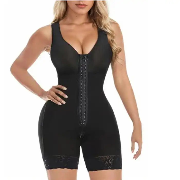  Tummy control black fajas bodysuit with front hooks and lace hem for smooth shaping and compression