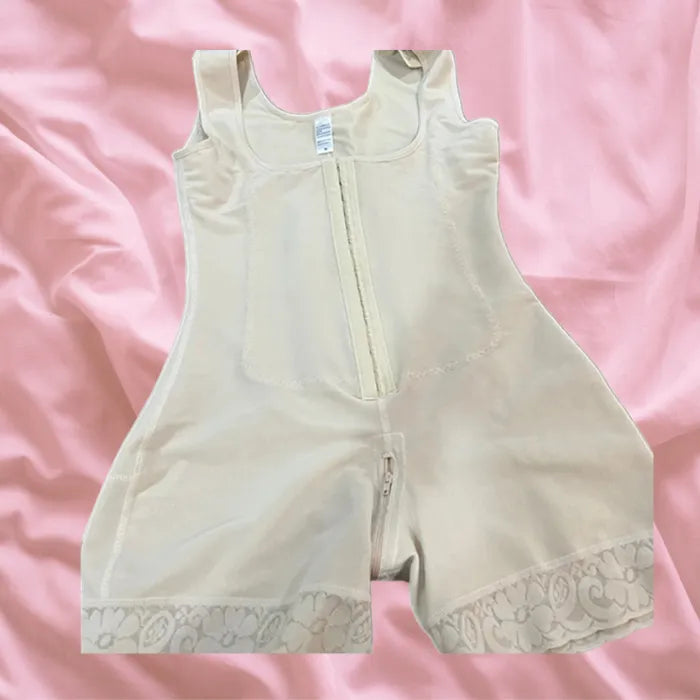 Body Shaper for Tummy Control with front zipper, sleeveless cut, and lace trim leg in nude beige tone.