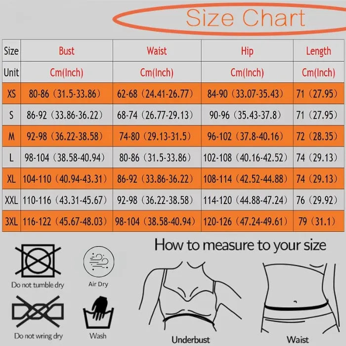 Body Shaper for Tummy Control size chart with bust, waist, hip, and length measurements from XS to 3XL.