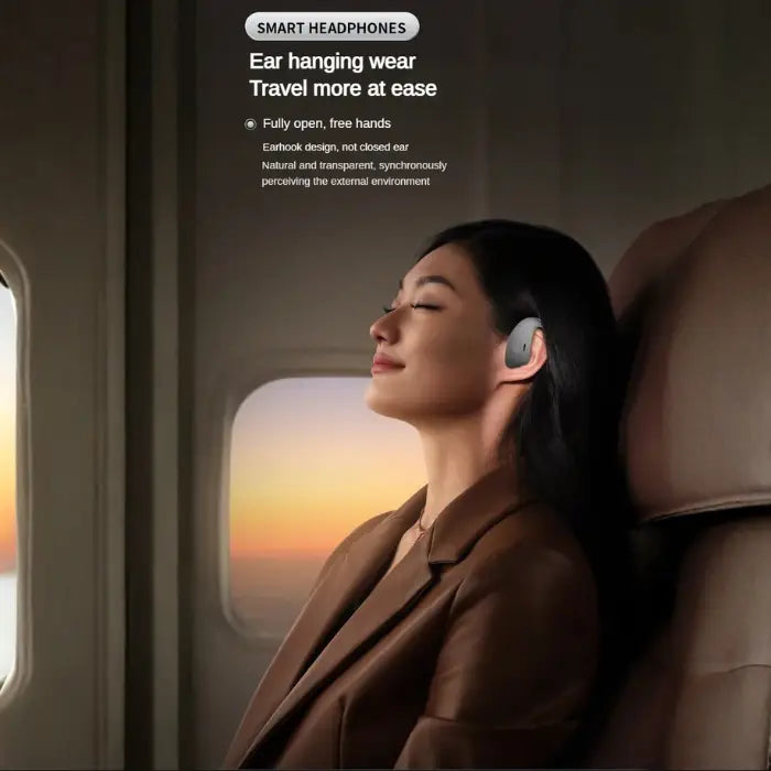Bone Conduction Earbuds worn during air travel with open-ear design and hands-free comfort