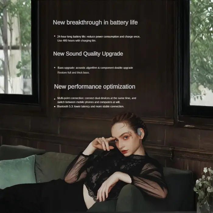 Bone Conduction Earbuds with battery life, sound upgrade, and performance optimization features shown