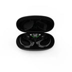 Bone Conduction Earbuds in black color shown inside open charging case with LED display