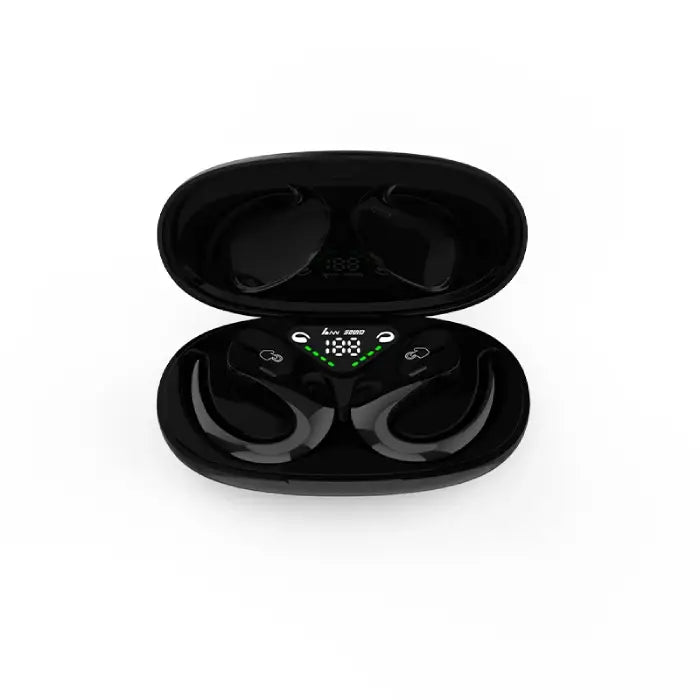 Bone Conduction Earbuds in black color shown inside open charging case with LED display