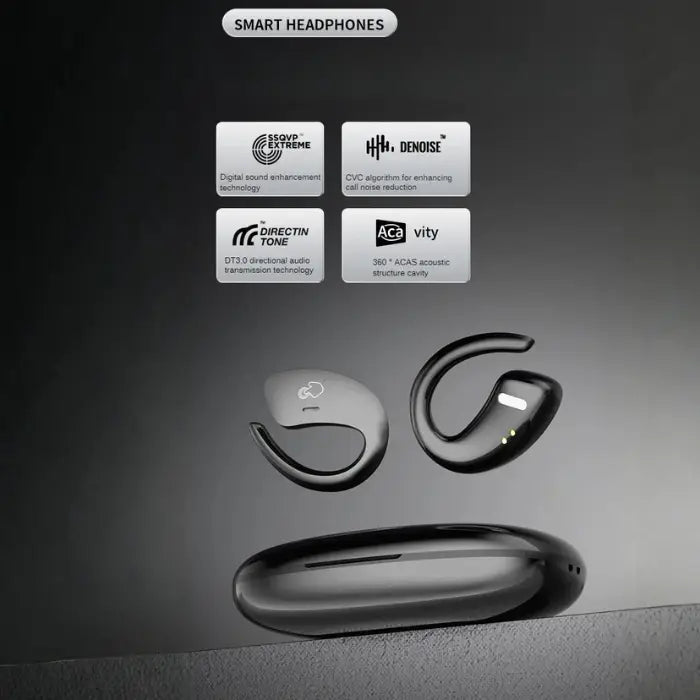 Bone Conduction Earbuds with audio tech icons including Denoise, DT3.0, and acoustic structure cavity