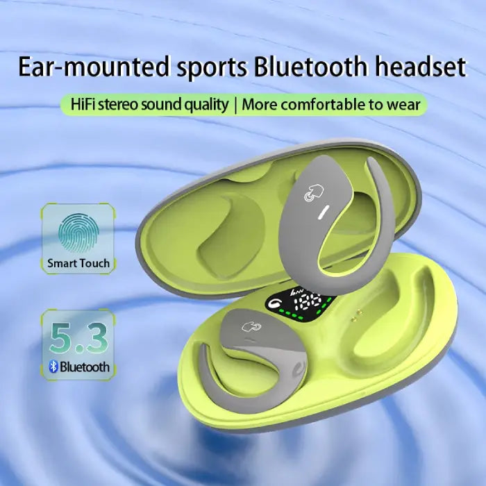 Bone Conduction Earbuds in green case with Bluetooth 5.3 and smart touch functionality