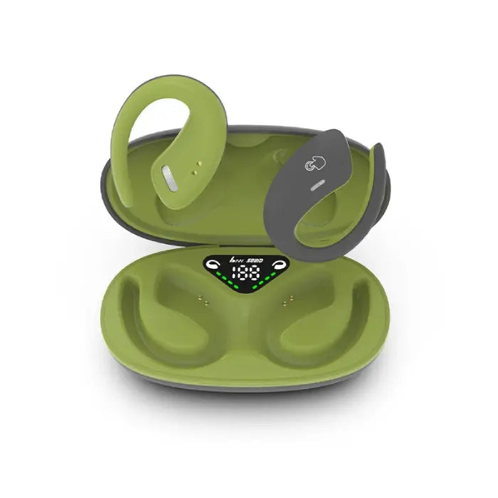 Bone Conduction Earbuds green model inside open case with touch controls and LED interface