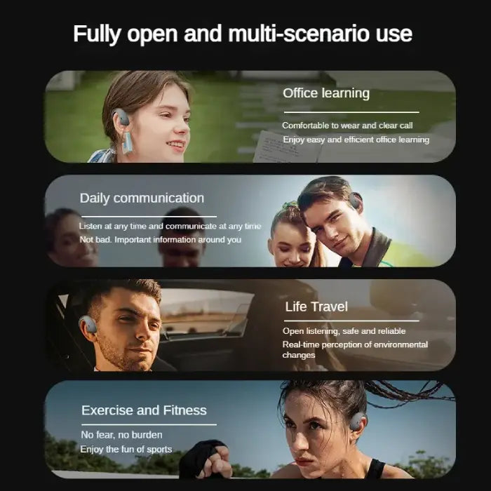 Bone Conduction Earbuds shown used in office, communication, travel, and fitness scenarios