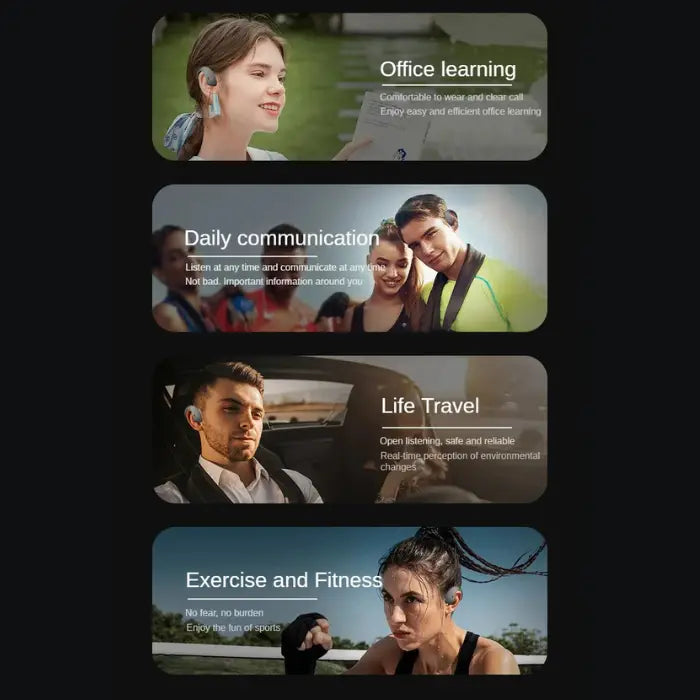 Bone Conduction Earbuds used in office, communication, travel, and fitness lifestyle scenarios