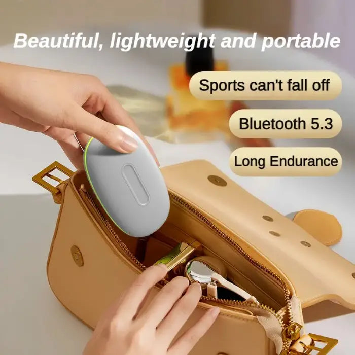 Bone Conduction Earbuds with compact case showing Bluetooth 5.3 and sports-ready portability