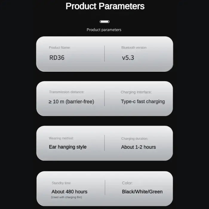 Bone Conduction Earbuds RD36 product specifications with Bluetooth 5.3, 480h standby, and Type-C charge