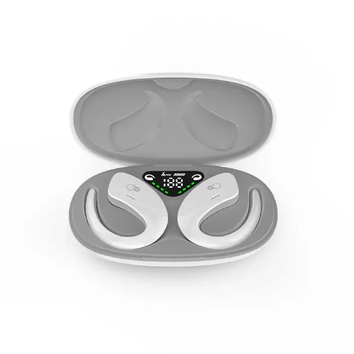 Bone Conduction Earbuds white version neatly stored in grey interior magnetic charging case