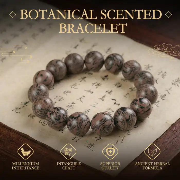 Botanical scented beaded bracelet herbal featuring ancient formula with wellness benefits and quality icons.
