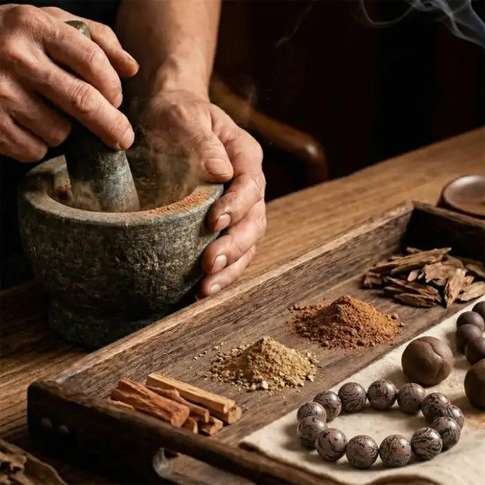 Botanical scented beaded bracelet herbal with mortar and pestle, herbs, spices on wooden table display.