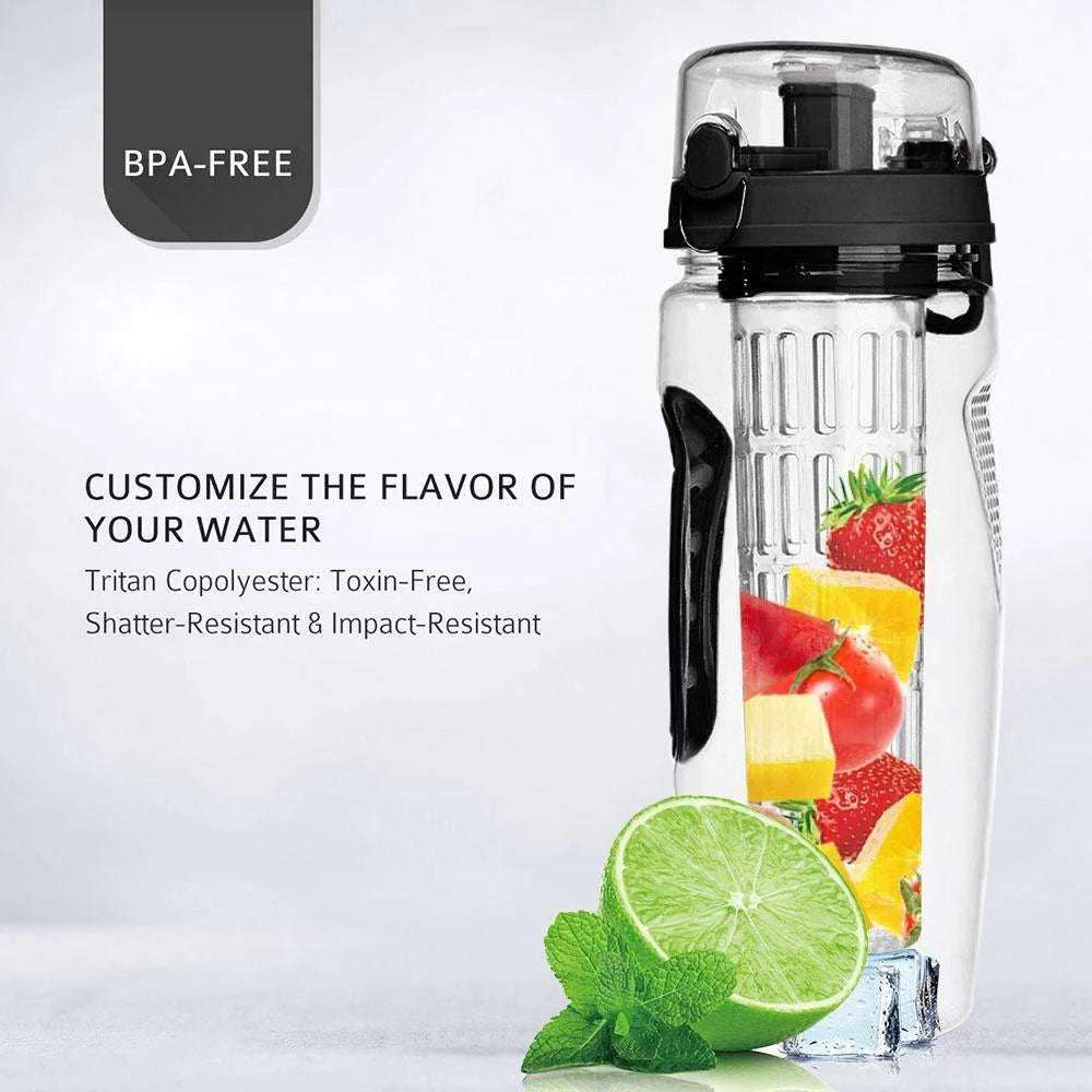 BPA-free Tritan fruit infuser water bottle with fresh strawberries, citrus and mint for healthy flavored drinking water