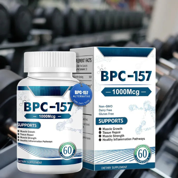 BPC-157 1000mcg dietary supplement bottle in gym setting.