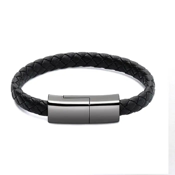 Black braided USB charging bracelet with modern design for portable charging and data syncing needs.