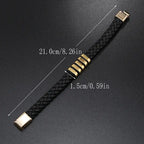 Black braided leather bracelet with gold accents showing measurements for men’s fashion accessory dimensions.