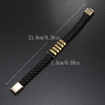 Black braided leather bracelet with gold accents showing measurements for men’s fashion accessory dimensions.