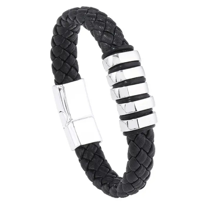 Black braided leather bracelet with silver magnetic clasp and accents for modern men’s accessories style.