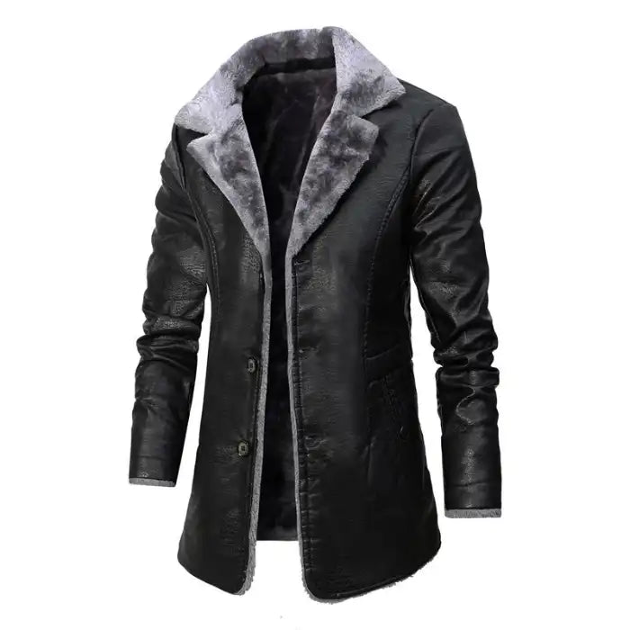 breasted coat for men long black version with gray fur collar and smooth leather finish