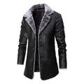breasted coat for men long black version with gray fur collar and smooth leather finish