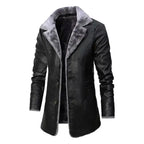 breasted coat for men long black version with gray fur collar and smooth leather finish