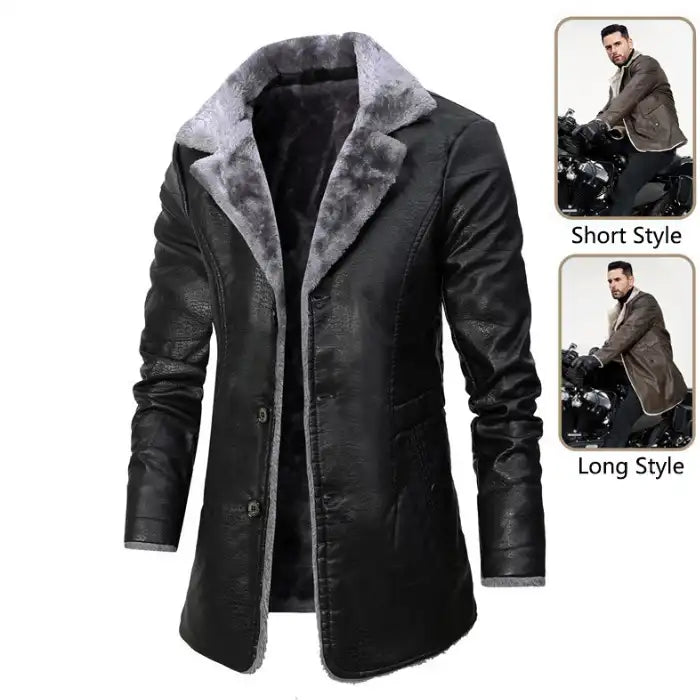 breasted coat for men long black design with fur collar and inset views of short and long styled looks
