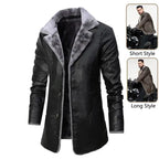 breasted coat for men long black design with fur collar and inset views of short and long styled looks