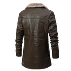 breasted coat for men long brown style showing full back view and smooth leather texture